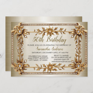Invitation Anniversaire Gold Ornate Rectangle Dimond Flower