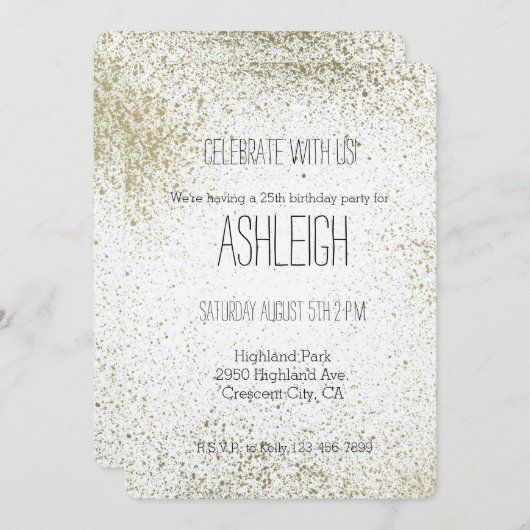 Invitation Anniversaire Gold Paint Splatter (Devant / Derrière)