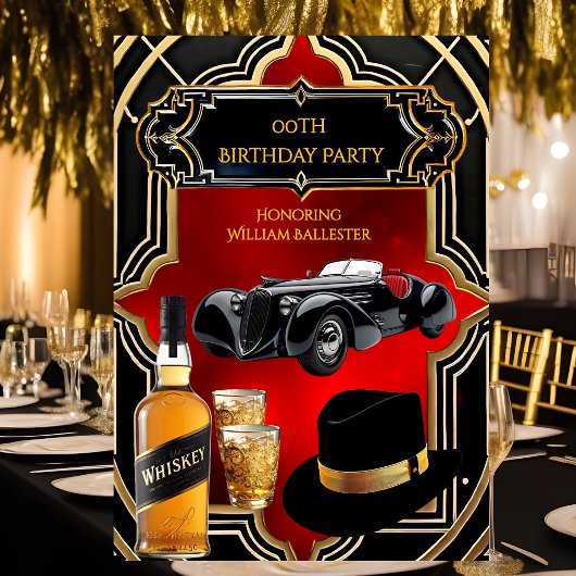 Invitation Anniversaire Gold Red Black 1930s Whiskey voiture