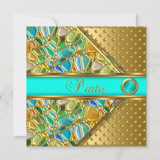 Invitation Anniversaire Gold Turquoise Blue Gold Spot Mosiac (Devant)