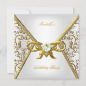 Invitation Anniversaire Gold White Damask Bow Image (Devant)