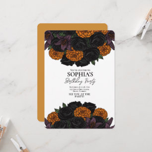 Invitation Anniversaire gothique floral noir et orange élégan