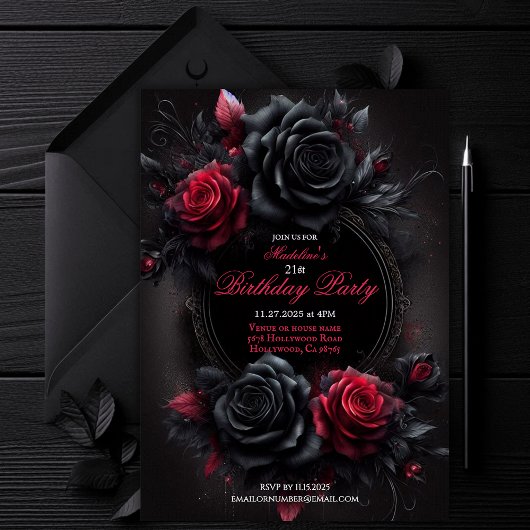 Invitation Anniversaire gothique romantique rouge et noir