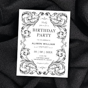 Invitation Anniversaire gothique vintage noir et blanc