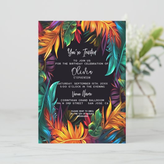 Invitation Anniversaire | Gras néon feuillage tropical (Debout devant)