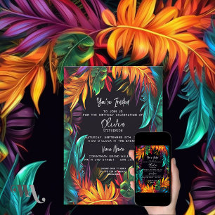 Invitation Anniversaire Gras néon feuillage tropical