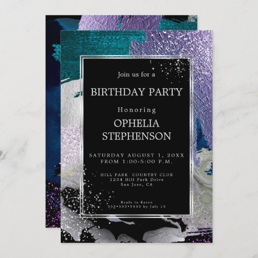 Invitation Anniversaire | Gras Violet Turquoise Brush Strots (Devant / Derrière)