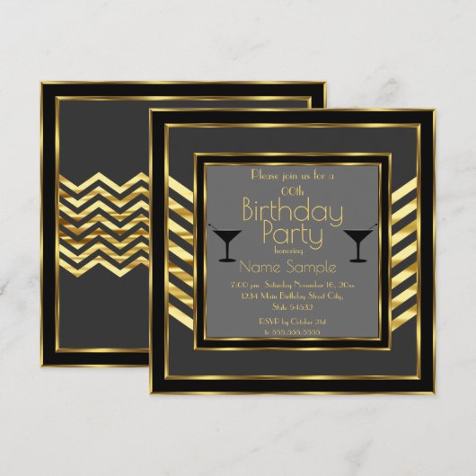 Invitation Anniversaire Gray Black Gold Art Déco Martini (Devant / Derrière)