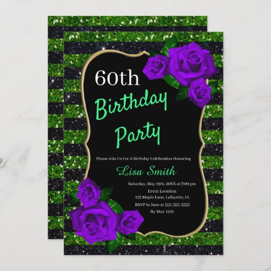 Invitation Anniversaire Green Black Stripes Parties scintilla (Devant / Derrière)