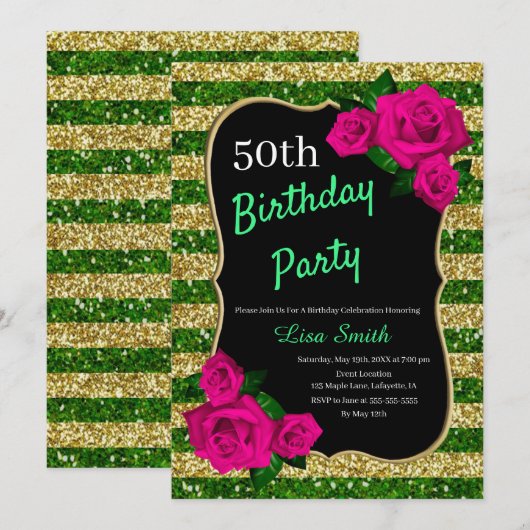 Invitation Anniversaire Green Gold Stripes Parties scintillan (Devant / Derrière)