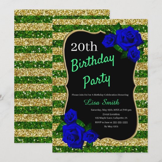 Invitation Anniversaire Green Gold Stripes Parties scintillan (Devant / Derrière)