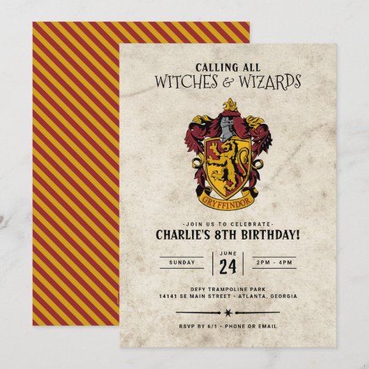 Invitation Anniversaire Harry Potter | Gryffindor (Devant / Derrière)