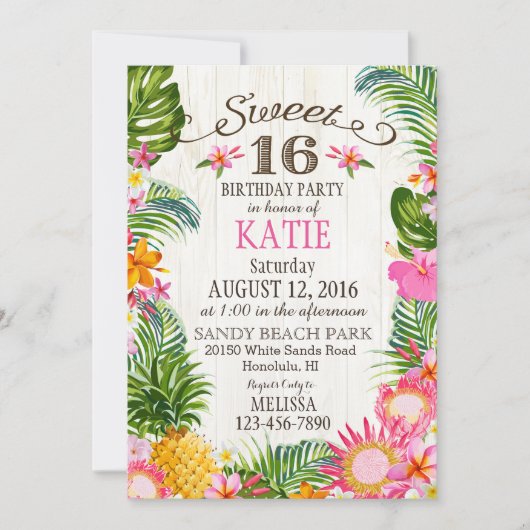 Invitation Anniversaire hawaïen de sweet sixteen de plage de (Devant)