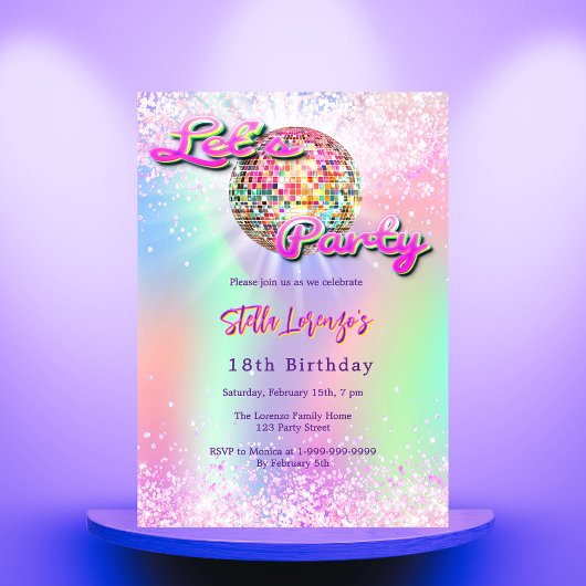 Invitation Anniversaire holographique à la menthe rose disco