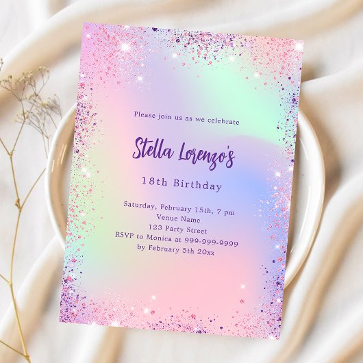 Invitation Anniversaire holographique de parties scintillant