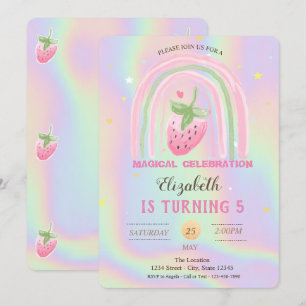 Invitation Anniversaire holographique fraise arc-en-ciel