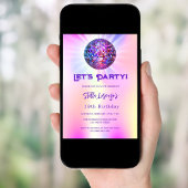 Invitation Anniversaire holographique rose Disco party