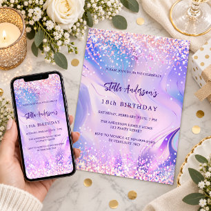 Invitation Anniversaire holographique rose violet