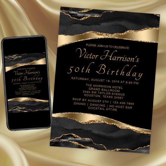 Invitation anniversaire homme Agate Or Noir