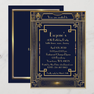 Invitation Anniversaire homme de fête, or style Gatsby, marin