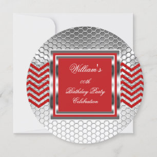 Invitation Anniversaire Homme Élégant Chevron Rouge Argent