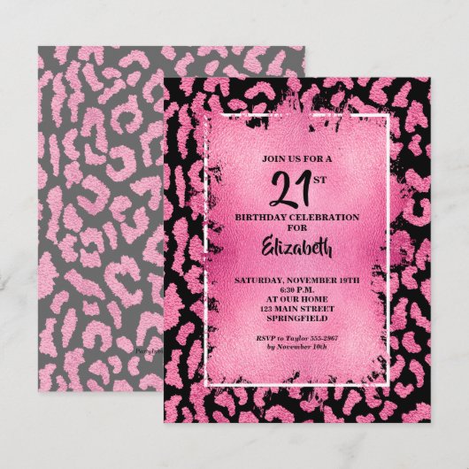 Invitation Anniversaire Imprimé Léopard Rose et Noir Chic (Devant / Derrière)