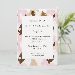 Invitation Anniversaire Imprimé Vache Marron Crème Blanc Rose