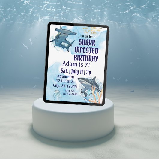 Invitation Anniversaire infesté de requins, aquarelle réalist