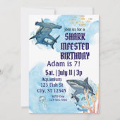 Invitation Anniversaire infesté de requins, aquarelle réalist (Devant)