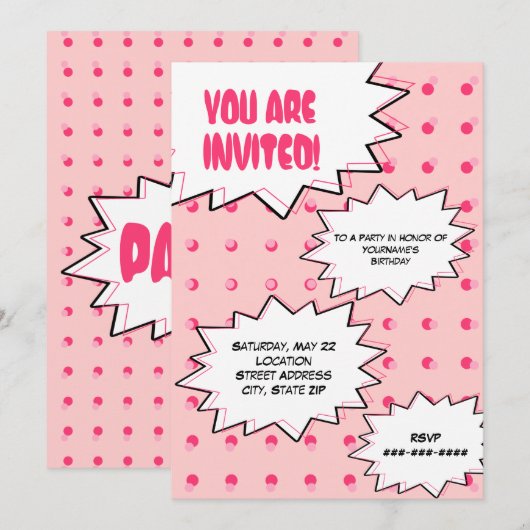 Invitation Anniversaire inspiré comique tramé rose d'art de (Devant / Derrière)