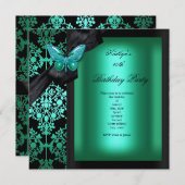 Invitation Anniversaire Jade Green Damask Papillon (Devant / Derrière)