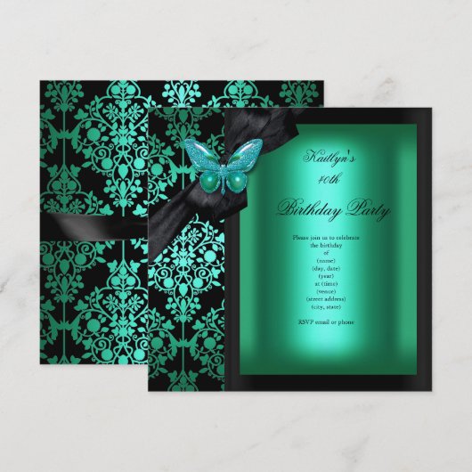 Invitation Anniversaire Jade Green Damask Papillon (Devant / Derrière)