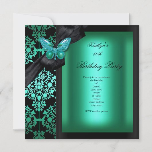 Invitation Anniversaire Jade Green Damask Papillon (Devant)