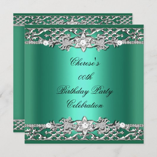 Invitation Anniversaire Jade Green Silver Diamond (Devant / Derrière)