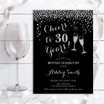 Invitation Anniversaire - Joue À 30 Ans Argent Noir<br><div class="desc">Invitation du 30e anniversaire. Salutations À 30 Ans ! Design élégant en noir et faux parties scintillant argent. Il comprend des verres à champagne, des caractères de script et des confettis. Parfait pour une soirée de trentième anniversaire. Personnalisez avec vos propres détails. Peut être customisé pour montrer n'importe quel âge....</div>