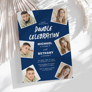 Invitation anniversaire jumeaux collage photo bleu