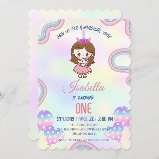 Invitation Anniversaire kawaii arc-en-ciel unicorne Parti mig (Devant / Derrière)