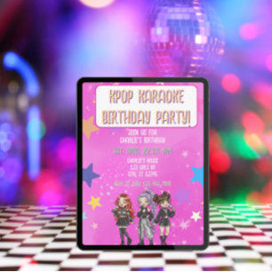 Invitation Anniversaire KPOP Karaoke, étoiles roses