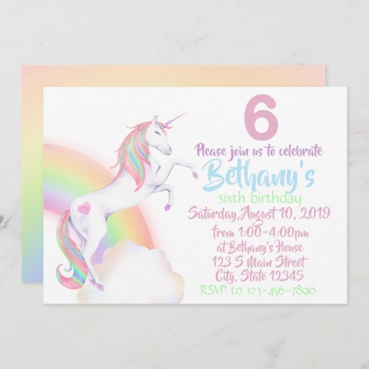 Invitation Anniversaire Licorne (Devant / Derrière)
