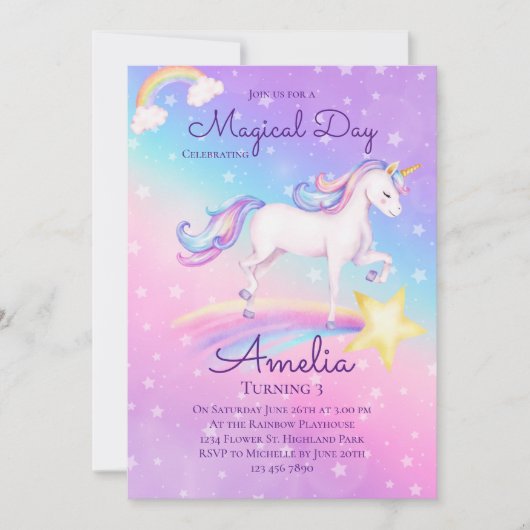 Invitation Anniversaire Licorne Arc-en-ciel Fête d'anniversai (Devant)