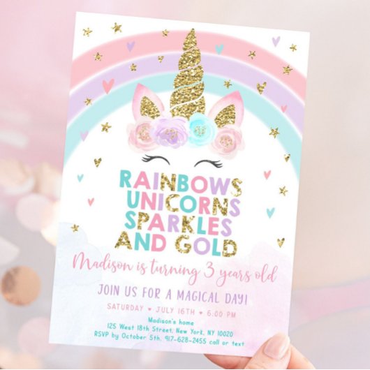 Invitation Anniversaire Licorne Arc-en-ciel Pastel