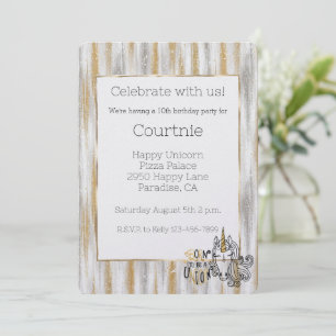 Invitation Anniversaire Licorne Argent Pailleté Glamour Or