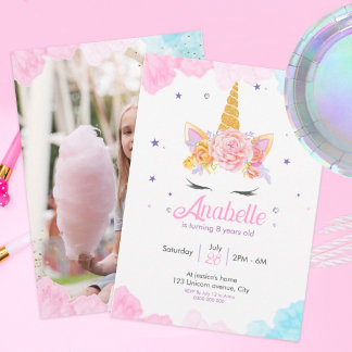 Invitation anniversaire | Licorne avec fleurs