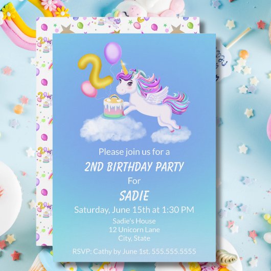 Invitation anniversaire licorne avec gâteau pour l