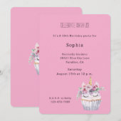Invitation Anniversaire Licorne Cupcake Fleur Rose (Devant / Derrière)