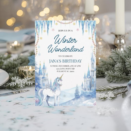 Invitation Anniversaire Licorne de Conte de Fées d'Hiver