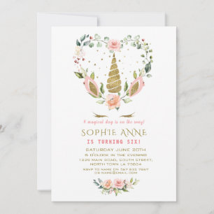 Invitation Anniversaire Licorne Dorée Fleur Rose Chic