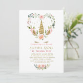 Invitation Anniversaire Licorne Dorée Fleur Rose Chic (Debout devant)