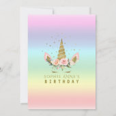 Invitation Anniversaire Licorne Dorée Fleur Rose Chic (Dos)