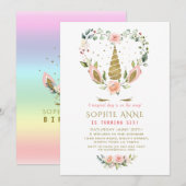Invitation Anniversaire Licorne Dorée Fleur Rose Chic (Devant / Derrière)